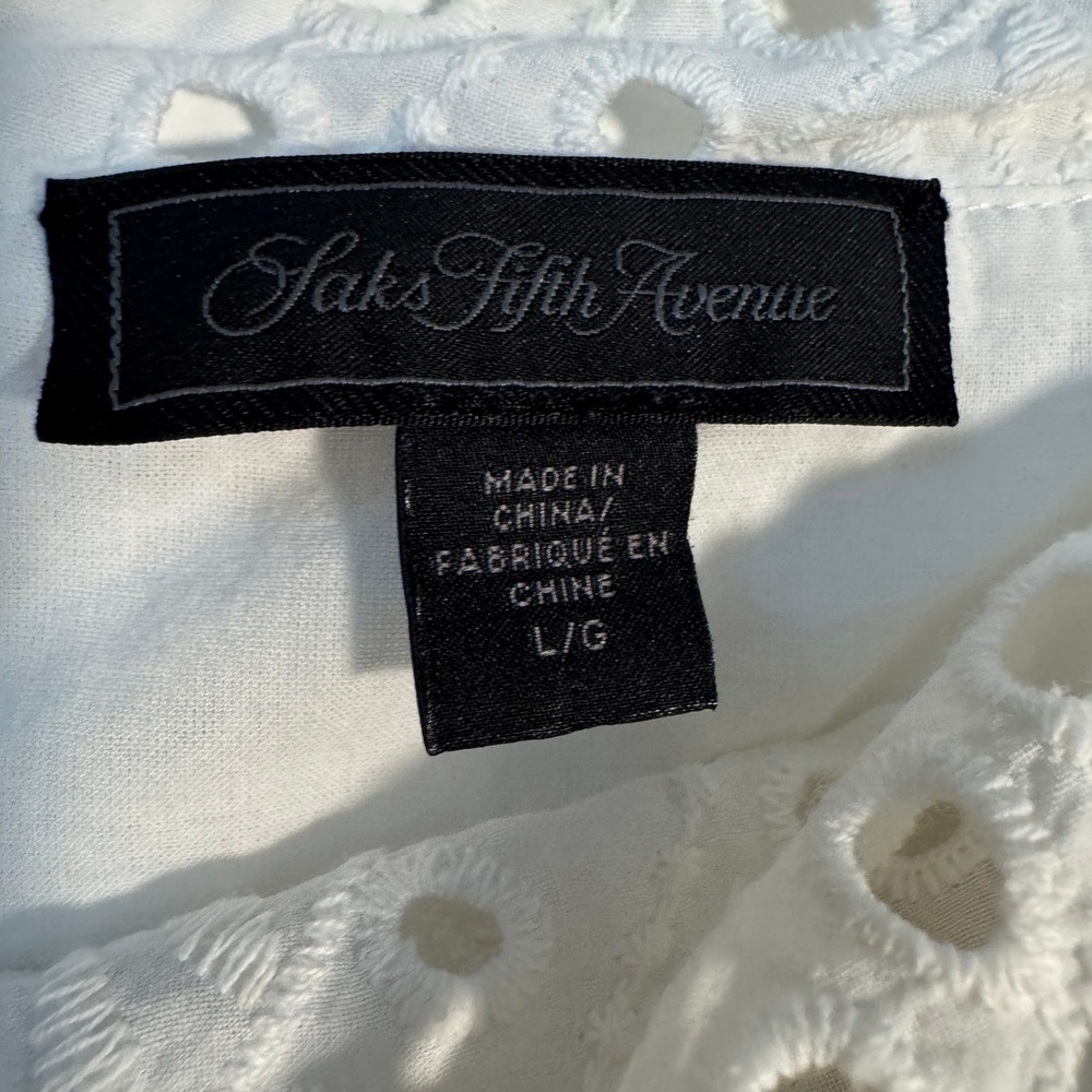 Saks Fifth Avenue White Eyelet Cotton Top Lace Quiet Luxury Romantic Soft Girl L - Picture 3 of 8